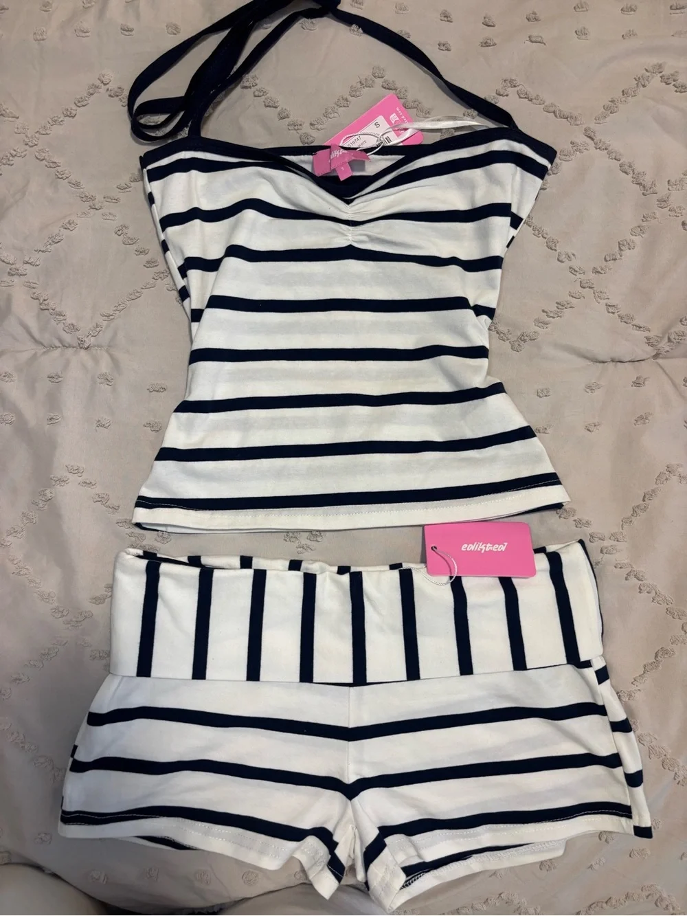 Edikted Black & White Striped Halter Tank Top and Shorts Set